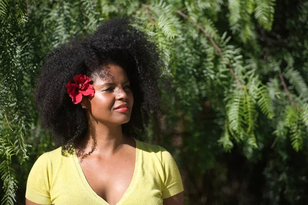 緑の植物の背景に耳の中に黄色のTシャツと赤の花と アフロの髪を持つ若い 美しく黒い女性の肖像画 コンセプトの美しさ 植物や花 — ストック写真