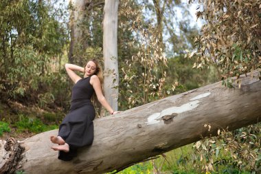 Genç bir kadın, sarışın ve güzel, siyah elbiseli, büyük bir ağacın gövdesinde oturuyor, doğanın ortasında, saf ve bakir. Doğa, huzur, saflık, bekaret, ağaçlar.