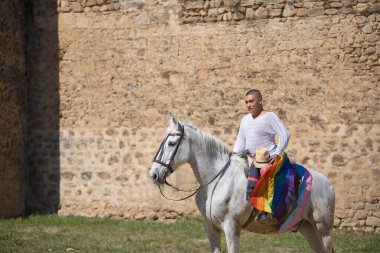 İkili olmayan biri, genç ve Güney Amerikalı, çok makyajlı, beyaz bir ata binmiş, kalçasında eşcinsel gurur bayrağı olan, eski bir ortaçağ kalesinin yanında. Kavram kraliçesi, lgbtq +, gurur, nonoş.