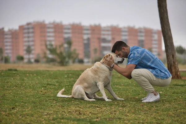 Young Hispanic man, crouching on the grass joining his forehead with his dog\'s forehead in loving and tender attitude. Concept, dogs, pets, animals, friends.