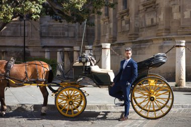Sakallı ve takım elbiseli çekici genç iş adamı şehir merkezinde at arabasının üzerine yaslanıyor. Güzelliği, modayı, başarıyı, kazananı, eğilimi kavra.