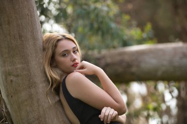 Genç bir kadın, sarışın ve güzel, siyah elbiseli, bir ağacın gövdesine yaslanmış, doğanın ortasında, saf ve bakire. Doğa, huzur, saflık, bekaret, ağaçlar.