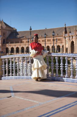 Bej renkli çingene flamenko takım elbiseli ve kırmızı şallı genç siyah ve Güney Amerikalı bir kadın İspanya 'nın Seville şehrindeki güzel bir meydanda bir hayranla dans ediyor. Konsept dansı, folklor, sanat. Dikey.