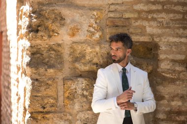 Sakallı, takım elbiseli ve kravatlı çekici genç bir işadamı, taş duvarın yanında poz veriyor. Güzelliği, modayı, başarıyı, başarıyı, eğilimi kavra.