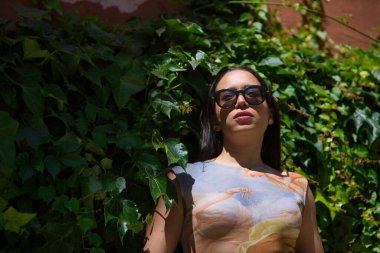 Genç, güzel, esmer ve baskılı tişörtü ve güneş gözlüklü Güney Amerikalı kadın yeşil sarmaşık arka planında sakin ve rahat, güneş ışınlarını alıyor. Güzelliği, modayı, bitkileri kavra.