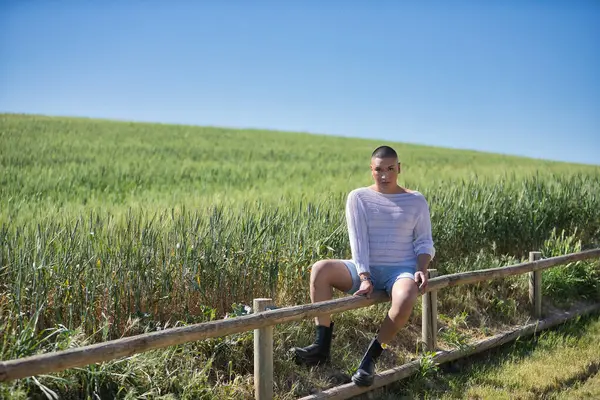 İkili olmayan, genç ve Güney Amerikalı, ağır makyajlı, yeşil buğday tarlasının yanında, ahşap bir çitin üzerinde kameraya bakıyor. Kavram kraliçesi, lgbtq +, gurur, nonoş.