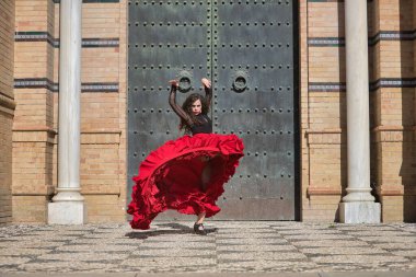 Genç, güzel, esmer, siyah gömlekli, kırmızı etekli, siyah metal bir kapının önünde flamenko dansı yapan bir kadın. Flamenko konsepti, dans, sanat, tipik İspanyolca.