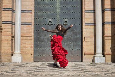 Genç, güzel, esmer, siyah gömlekli, kırmızı etekli, siyah metal bir kapının önünde flamenko dansı yapan bir kadın. Flamenko konsepti, dans, sanat, tipik İspanyolca.