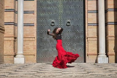 Genç, güzel, esmer, siyah gömlekli, kırmızı etekli, siyah metal bir kapının önünde flamenko dansı yapan bir kadın. Flamenko konsepti, dans, sanat, tipik İspanyolca.