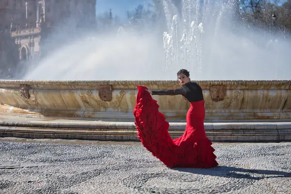 Genç, güzel, esmer, siyah tişörtlü ve kırmızı etekli kadın Sevilla 'daki güzel bir çeşmenin önünde flamenko dansı yapıyor. Flamenko konsepti, dans, sanat, tipik İspanyolca.