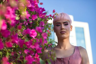Genç, çekici, eşcinsel bir adamın portresi, aşırı makyajlı, pembe saçlı ve bluzlu, begonvil çiçeklerinin yanındaki kameraya bakıyor. LGTBIQ + konsepti, gay, gurur, makyaj, moda, trend.
