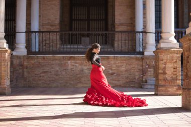 Genç, güzel, esmer, siyah gömlekli, kırmızı etekli, İspanya meydanında mermer sütunlar arasında flamenko dansı yapan bir kadın. Flamenko konsepti, dans, sanat, tipik İspanyolca.