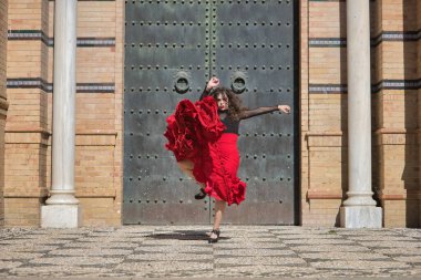 Genç, güzel, esmer, siyah gömlekli, kırmızı etekli, siyah metal bir kapının önünde flamenko dansı yapan bir kadın. Flamenko konsepti, dans, sanat, tipik İspanyolca.