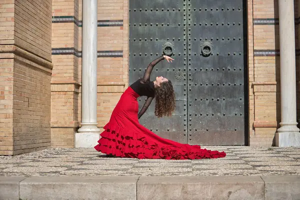 Genç, güzel, esmer, siyah gömlekli, kırmızı etekli, siyah metal bir kapının önünde flamenko dansı yapan bir kadın. Flamenko konsepti, dans, sanat, tipik İspanyolca.