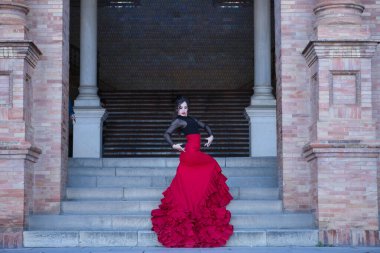 Genç, güzel, esmer, siyah tişörtlü, kırmızı etekli, İspanya meydanındaki merdivenlerde flamenko dansı yapan bir kadın. Flamenko konsepti, dans, sanat, tipik İspanyolca.