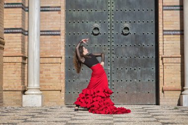 Genç, güzel, esmer, siyah gömlekli, kırmızı etekli, siyah metal bir kapının önünde flamenko dansı yapan bir kadın. Flamenko konsepti, dans, sanat, tipik İspanyolca.