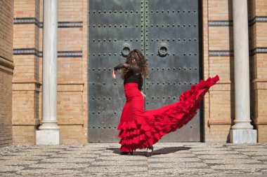 Genç, güzel, esmer, siyah gömlekli, kırmızı etekli, siyah metal bir kapının önünde flamenko dansı yapan bir kadın. Flamenko konsepti, dans, sanat, tipik İspanyolca.