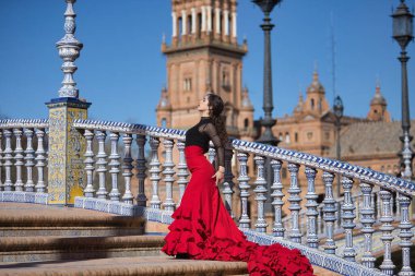 Genç, güzel, esmer, siyah tişörtlü, kırmızı etekli, Sevilla 'daki güzel bir köprünün merdivenlerinde flamenko dansı yapan bir kadın. Flamenko konsepti, dans, sanat, tipik İspanyolca.
