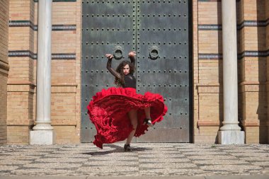 Genç, güzel, esmer, siyah gömlekli, kırmızı etekli, siyah metal bir kapının önünde flamenko dansı yapan bir kadın. Flamenko konsepti, dans, sanat, tipik İspanyolca.