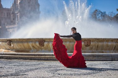 Genç, güzel, esmer, siyah tişörtlü ve kırmızı etekli kadın Sevilla 'daki güzel bir çeşmenin önünde flamenko dansı yapıyor. Flamenko konsepti, dans, sanat, tipik İspanyolca.