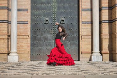 Genç, güzel, esmer, siyah gömlekli, kırmızı etekli, siyah metal bir kapının önünde flamenko dansı yapan bir kadın. Flamenko konsepti, dans, sanat, tipik İspanyolca.