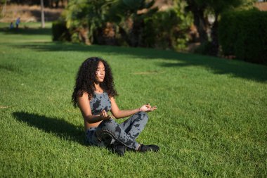 Genç, güzel, esmer, kıvırcık saçlı ve spor giyimli Latin bir kadın, açık hava parkında yoga egzersizleri yapıyor. Konsept spor, rahatlama, meditasyon, egzersiz.