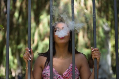 Faslı bir kadın, genç, güzel, koyu renk saçlı, kaşmir bir elbise giymiş, ızgaraya yapışmış, dumanı ya da buharı dışarı üflüyor. Etnik köken, çeşitlilik, kimlik, güzellik kavramı.