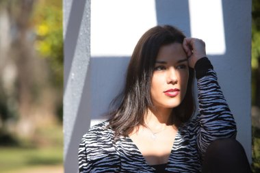 Genç, güzel, koyu saçlı bir kadının portresi, zebra elbisesi içinde, dalgın ve rüya gibi bir bakışla, oturmuş, sırtı bir sütuna yaslanmış, yüzüne güneş ışınlarını alıyor..