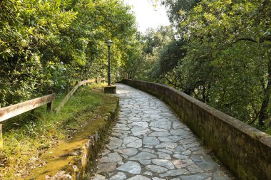Büyük taşlarla oluşmuş ve yoğun yeşil bitki örtüsüyle çevrili patika, doğa yürüyüşü ve yürüyüş için idealdir. Doğayı, yürüyüşü, yolları kavra..