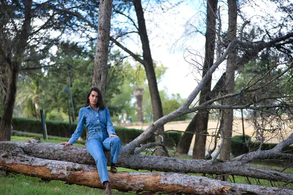 Genç, güzel, esmer, İspanyol bir kadın, kot elbise giyiyor, rahat ve sakin bir şekilde kameraya bakıyor, devrilmiş bir ağaç gövdesinde oturuyor, doğada. Kavram moda, güzellik, moda, kadınlık.