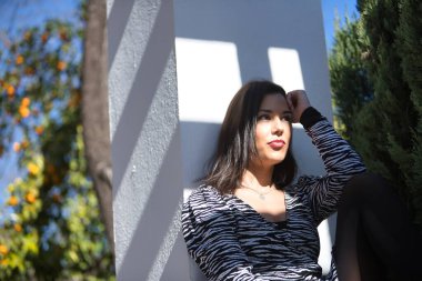 Genç, güzel, koyu saçlı bir kadının portresi, zebra elbisesi içinde, dalgın ve rüya gibi bir bakışla, oturmuş, sırtı bir sütuna yaslanmış, yüzüne güneş ışınlarını alıyor..