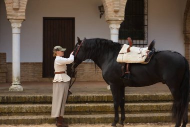 Siyah İspanyol safkan atını okşayan genç bir kadın binici sevgisini ve şefkatini gösteriyor. Konsept at biniciliği, at biniciliği, binicilik, binicilik.