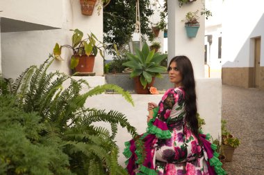 Genç, güzel, esmer, flamenko dansçısı, güzel elbisesini gösteren, arkası dönük bir sandalyede oturan, güzel ve tipik Endülüs avlusunda bir kuyunun yanında.