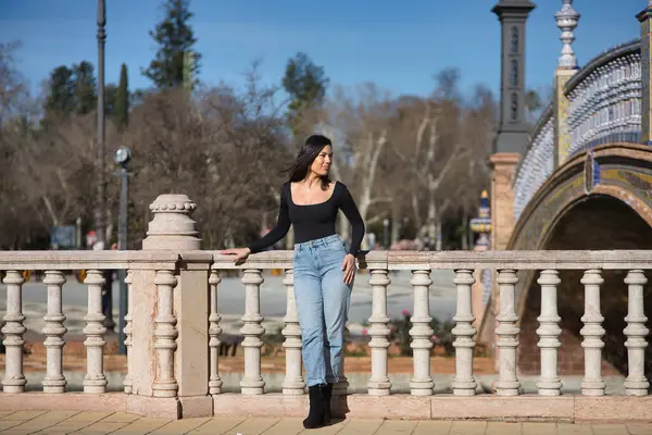 Genç, güzel, esmer bir kadın, siyah uzun kollu tişört ve kot pantolon giyiyor, saçları rüzgarda uçuşuyor, Seville 'de İspanya meydanında bir korkuluğa yaslanmış poz veriyor. Güzellik kavramı, kadınlık.