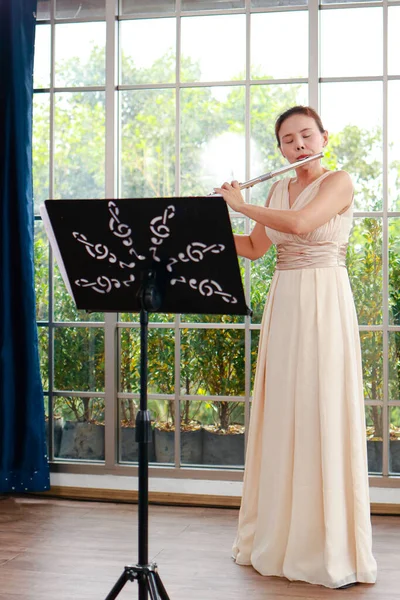 Asian Woman Blowing Flute Universal Classical Instrument Concept Classical Music — Φωτογραφία Αρχείου