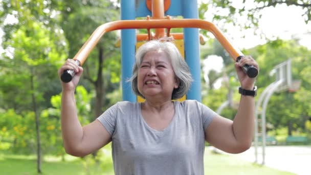 Азійська Літня Жінка Займається Фізичними Вправами Парку Сидить Руці Розтягуючи — стокове відео