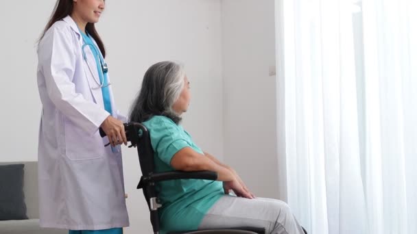 Azjatycki Lekarz Leczy Starszych Pacjentów Cierpiących Depresję Siedziała Wózku Inwalidzkim — Wideo stockowe