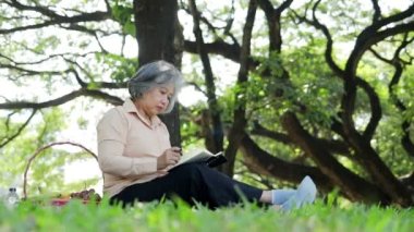An elderly Asian woman sitting in a park reading a book. The concept of living in retirement