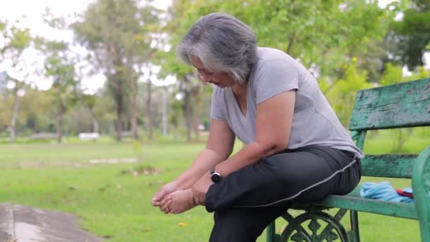 Azjatka Starsza Kobieta Boli Kostkę Spacerze Parku Koncepcja Sportu Starsze — Wideo stockowe