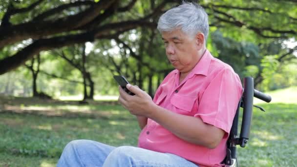Aziatische Oudere Man Een Rolstoel Tuin Spelen Mobiele Online Social — Stockvideo