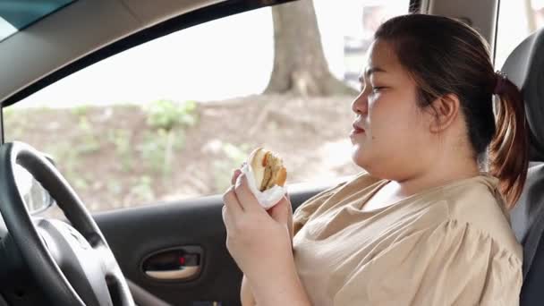 Μια Χοντρή Γυναίκα Οδηγούσε Ένα Αυτοκίνητο Πεινούσε Τρώγοντας Ένα Χάμπουργκερ — Αρχείο Βίντεο