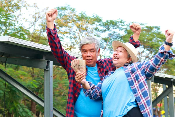 Asiático Pareja Ancianos Agricultura Agricultura Sonriendo Feliz Celebración Baht Tailandés — Foto de Stock