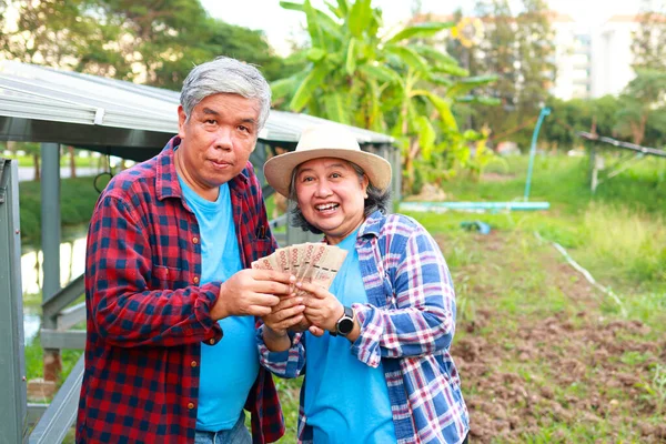 Asijské Starší Páry Farmaření Zemědělství Usměvavý Šťastný Držení Thajské Baht — Stock fotografie