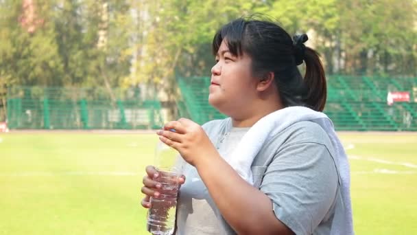 Şişman Kadın Dışarıda Egzersiz Yapmadan Önce Isınıyor Kilo Vermek Vücudu — Stok video