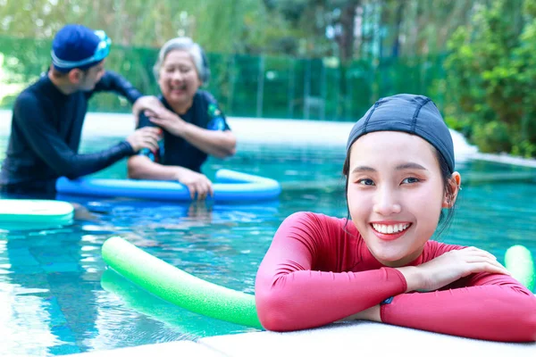 Portrait Happy Smiling Asian Woman Exercising Water Doing Hydrotherapy Rejuvenation — Stock Photo, Image