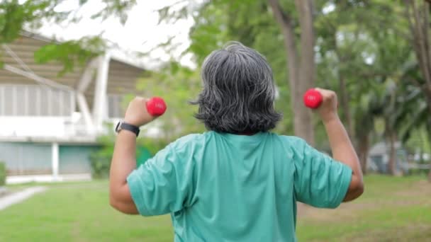 Азиатская Старшая Женщина Занимающаяся Спортом Открытом Воздухе Поворачивает Спину Поднимает — стоковое видео