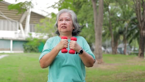 Asiatische Seniorin Beim Training Freien Hanteln Halten Armmuskeln Aufzubauen Sportkonzept — Stockvideo