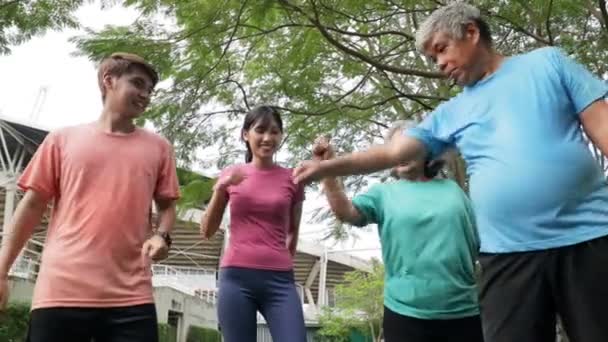 Asyalı Aile Mutlu Bir Gülümseme Egzersizi Yapıyor Sabah Parkta Birlikte — Stok video