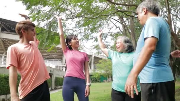 Asyalı Aile Mutlu Bir Gülümseme Egzersizi Yapıyor Sabah Parkta Birlikte — Stok video
