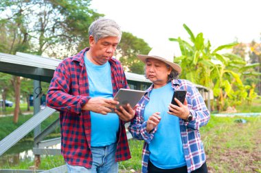Asyalı yaşlı çiftçi elinde güneş panelini kontrol etmek için kullanılan bir tablet tutuyor. Tarım sektöründe elektrik kullanmak için. Güneş sistemi. Modern tarım teknolojisi kullanımı kavramı